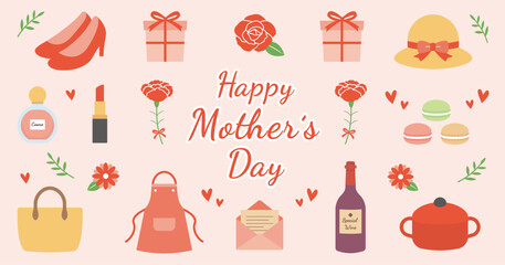 母の日の背景フレーム、サムネイル、タイトルロゴ素材。カーネーションや薔薇の花の飾り、かわいいベクターイラスト。 - Mother's Day background frame, thumbnail and title logo. Carnations and roses decorations, cute vector illustration.