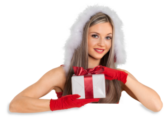 Beautiful blonde woman in Santa hat with gift