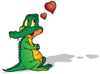 Green Amorous Crocodile with Blue Eyes and Two Red Hearts