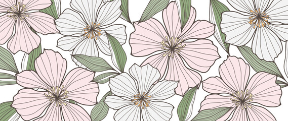 Beautiful gentle vector floral background with white and pale pink flowers and green leaves. Background for postcards, covers, invitations, decor.