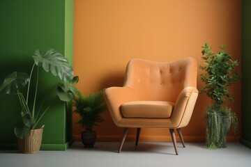 Comfortable armchair and houseplants near color wall in room. Generative AI
