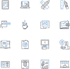 Video production line icons collection. Cinematography, Scriptwriting, Editing, Lighting, Sound, Graphics, Motion graphics vector and linear illustration. Color grading,Animation,Filming outline signs