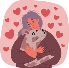 Vector illustration of A woman having fun playing time with her cat and dog. Daily life concept
