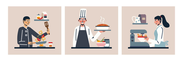 Set of colored cartoon characters of young people working as professional chefs