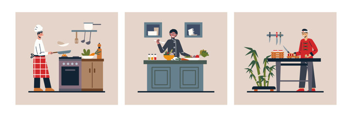 Set of colored cartoon characters of professional chefs in restaurant uniforms cooking