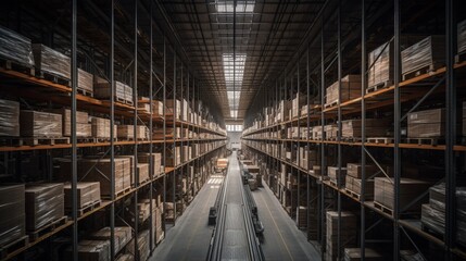 Fototapeta premium Innovative Smart Warehouse Solution with Advanced Automation Technology Cutting-Edge Logistics Facility Featuring Efficient Inventory Management Systems Image for Supply Chain and Industry Professiona
