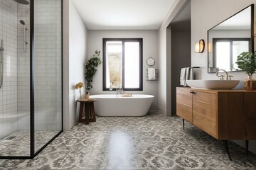 Fototapeta na wymiar Spacious bathroom with decorative concrete style tiles. Generative AI