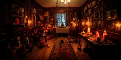 Fototapeta na wymiar sinister mansion with creepy dolls and portraits lining the walls, with flickering candles and creaking floorboards adding to the spooky ambiance. Generative AI