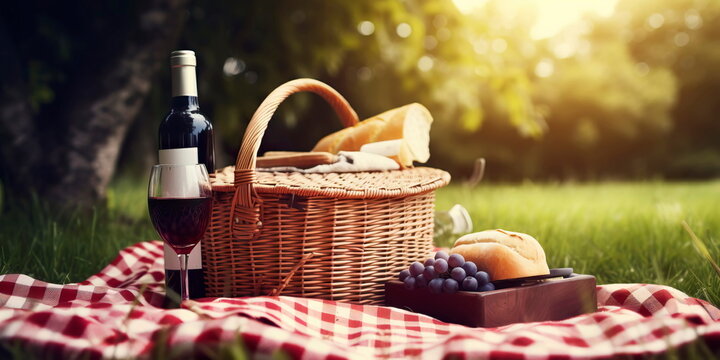 Summer vacation in the park, picnic with wine in nature Generative AI