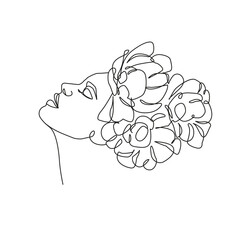 Abstract Woman Head with Flowers Line Art Vector Drawing. Style Template with Female Face with Flowers in Modern Minimalist Simple Linear Style. Floral Beauty Fashion Design 