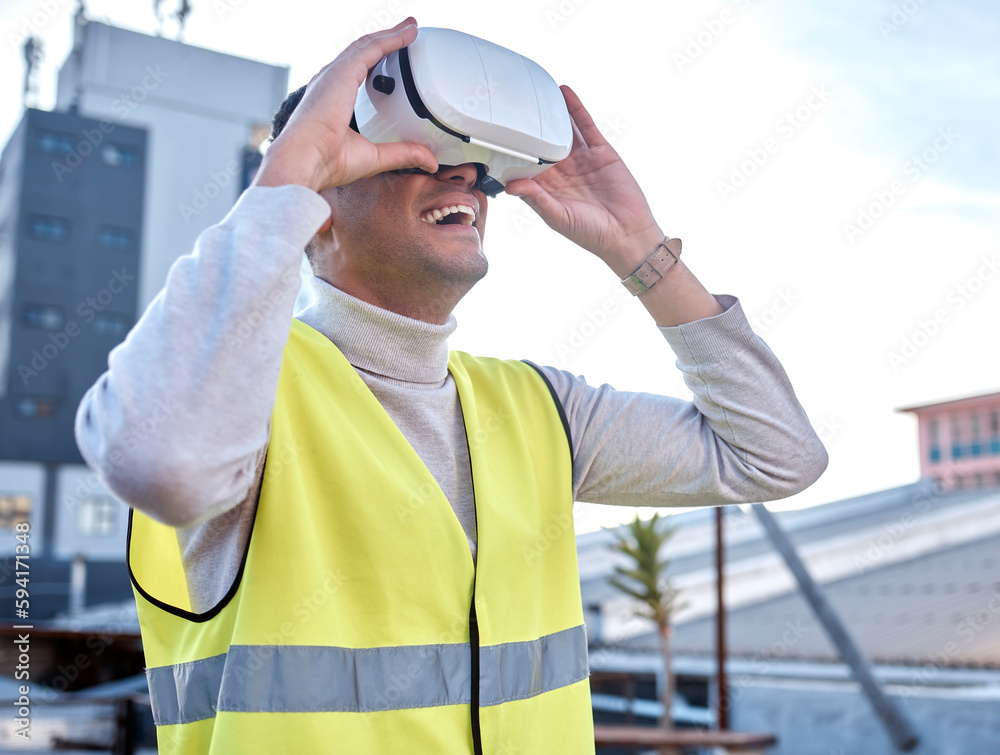 Poster happy man, architect or vr building with smile in city for construction, simulation or digital layou