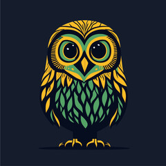 A stunning green and yellow owl is featured in this detailed vector illustration, complete with a branch and leaves. Ideal for design, decoration, and print purposes.