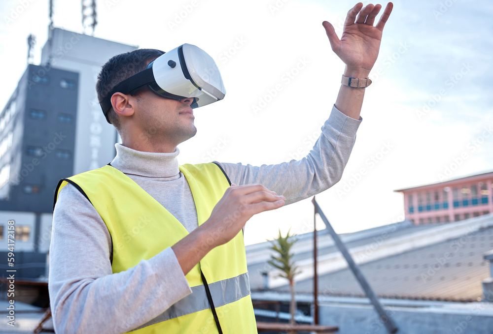 Poster Man, architect and VR in the city for construction, simulation or digital layout for project on site. Male contractor, engineer or builder in virtual reality or building for architecture plan or idea