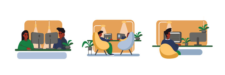 Set of black cartoon characters of young people working together