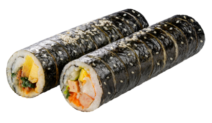 Korean Sushi Rolls or Kimbap is a popular Korean dish on white background, California Maki,  Steamed rice wrapped in seaweed with shrimp eggs meat and vegetable on White PNG File.