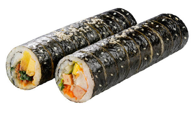 Korean Sushi Rolls or Kimbap is a popular Korean dish on white background, California Maki,  Steamed rice wrapped in seaweed with shrimp eggs meat and vegetable on White PNG File.