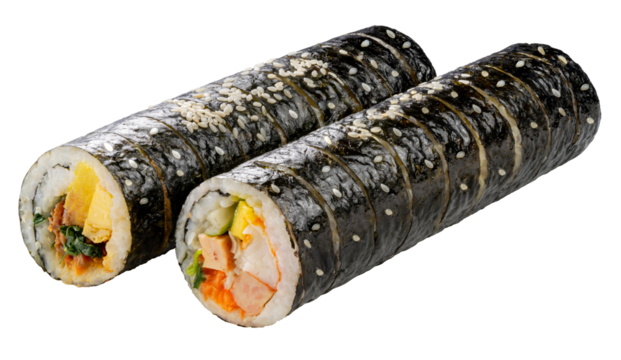 Korean Sushi Rolls or Kimbap is a popular Korean dish on white background, California Maki,  Steamed rice wrapped in seaweed with shrimp eggs meat and vegetable on White PNG File.