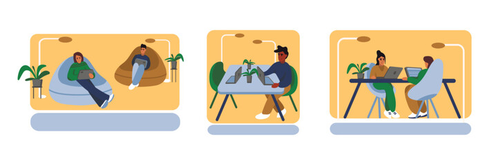 Set of cartoon characters of young people working together in modern open space