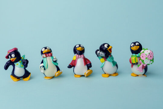 Tyumen, Russia-February 15, 2023: Kinder surprise toy penguins. Collection of kinder surprise toys.