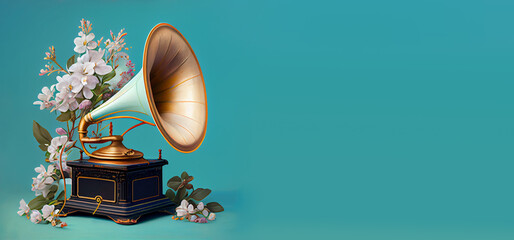 Gramophone with flowers, vintage retro music player, vinyl record, generative AI
