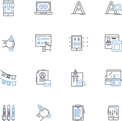 Interactive media line icons collection. Animation, Augmented Reality, Digital, Design, E-commerce, Gaming, Graphics vector and linear illustration. Haptic,Hypermedia,Immersive outline signs set