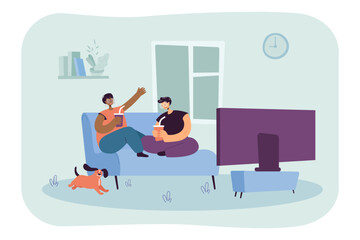 Happy interracial couple drinking soda and watching TV on sofa. Black woman, Caucasian man spending time together at home, cute dog, weekend relaxation vector illustration. Love, relationship concept