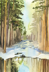 Watercolor landscape spring pine forest reflected in the water