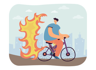 Confused man riding electric bicycle with burning battery. Risk of accident while riding electrical bike, personal vehicle setting on fire vector illustration. Technology, danger, mobility concept