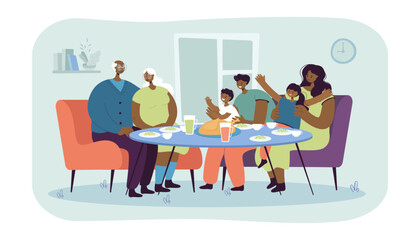 Happy Black parents, kids and grandparents having dinner at home. Family reunion, young and elderly persons sitting at table and eating together vector illustration. Family, care, love concept