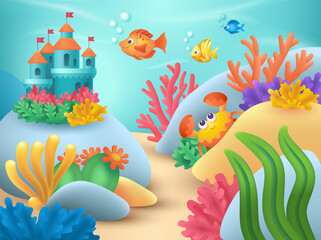 Fototapeta na wymiar Underwater creatures and aquarium castle 3D illustration. Cartoon drawing of corals and seaweed, cute fish and crab characters in sea, ocean or aquarium in 3D style. Summer, nature, wildlife concept