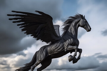Obraz na płótnie Canvas a black pegasus, a mythological animal, a horse with wings, gallops against the sky, generative AI