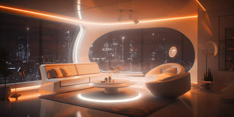 modern organic interior design, futuristic living room with panorama window and modern seating area, fictional interior created with generative ai