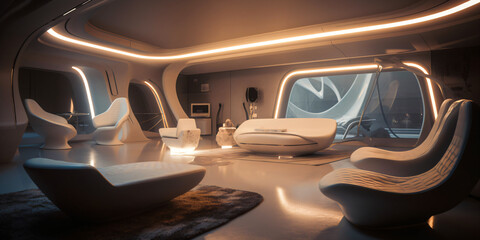 modern organic interior design, futuristic living room with panorama window and modern seating area, fictional interior created with generative ai