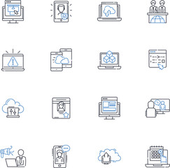 Fototapeta premium Information management line icons collection. Database, Records, Metadata, Storage, Retrieval, Analysis, Processing vector and linear illustration. Curation,Document,Archiving outline signs set