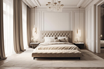 Luxurious large bedroom with marble slabs and a bed in the center. Delicate beige colors - ivory, milk, brown, taupe, generative AI