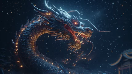 Vlies Fototapete Fraktale Wellen dragon with black sky and stars by generative AI