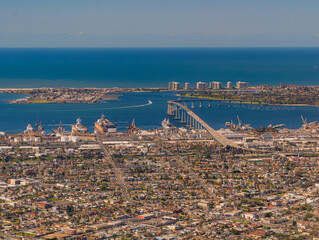 Aerial view of Coronado Bridge with Coronado Island and The Strand