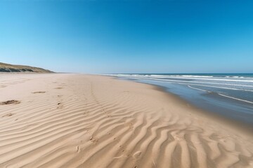 Panoramic wide view of an empty  sand beach with sea and blue sky by a sunny day. Seascape background with copy space. Generative AI