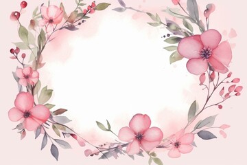 Fototapeta na wymiar Circle Frame with Pink Watercolor Flowers. Elegant Mother's Day Design with copy-space. Generative AI
