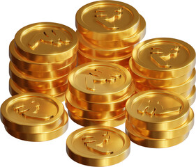 Stack of a gold rupee coin currency market financial or investment money banking treasure wealth cash and golden rupee pile economy with business earnings profit sign. 3D render	