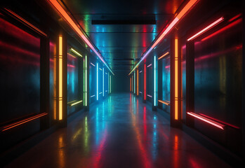 Futuristic Neon Corridor, Glossy Concrete & Grunge, Cyber-retro Underground feel - Generative AI