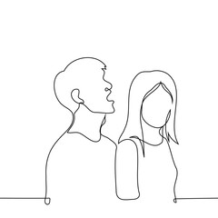 tall man stands behind close to a woman and either shouts into her ear or wants to bite her - one line drawing vector. concept intrusive, impudent, noisy, stuck