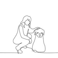 woman squatting petting a dog - one line drawing vector. concept dog owner petting the dog