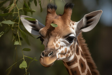 Portrait d'un bébé girafe mangeant des feuilles vertes » IA générative
