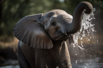 Fototapeta na wymiar Jeune éléphanteau jouant avec l'eau dans la savane » IA générative