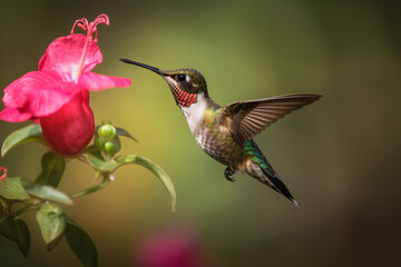 Obraz na płótnie Canvas Portrait d'un colibri coloré volant près d'une fleur » IA générative
