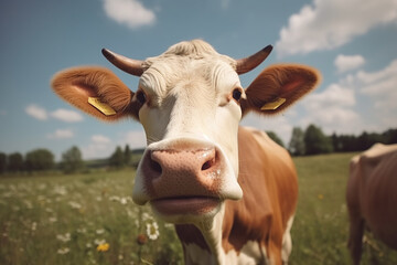Naklejka na ściany i meble Portrait d'une vache dans une prairie » IA générative