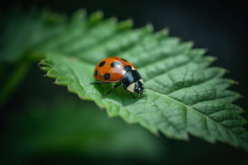 Obraz premium Portrait d'une coccinelle sur une feuille verte » IA générative