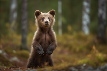 Portrait d'un bébé ours debout dans la forêt  » IA générative