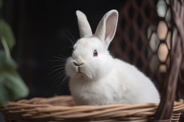 Obraz premium Portrait d'un bébé lapin poilu blanc aux yeux bleus dans un panier » IA générative